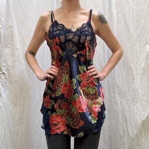 Navy & Red Floral Silk Nightie Chemise Gold Label Victoria’s Secret Vintage 90s